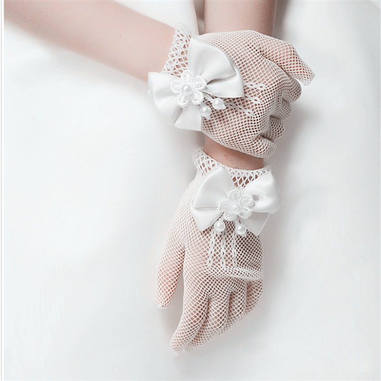 SZ60072-1 Flower Girls Lace Bowknot Net Voile Wedding Gloves Princess Glove